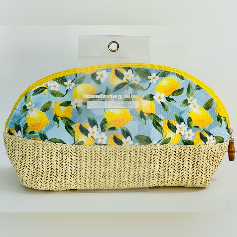 Wandering Moon Lemons Dome Woven Zip Bamboo Cosmetic Bag NWT